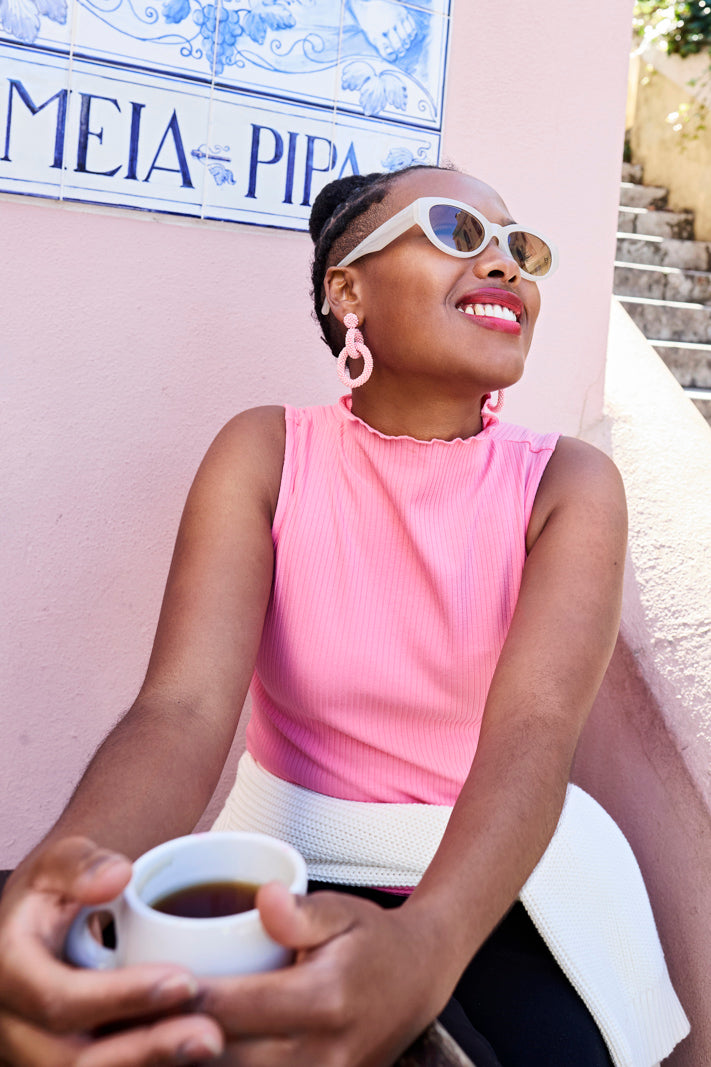 Naisten pinkki puuvillainen ribbitoppi | modelheight:158, size:XS