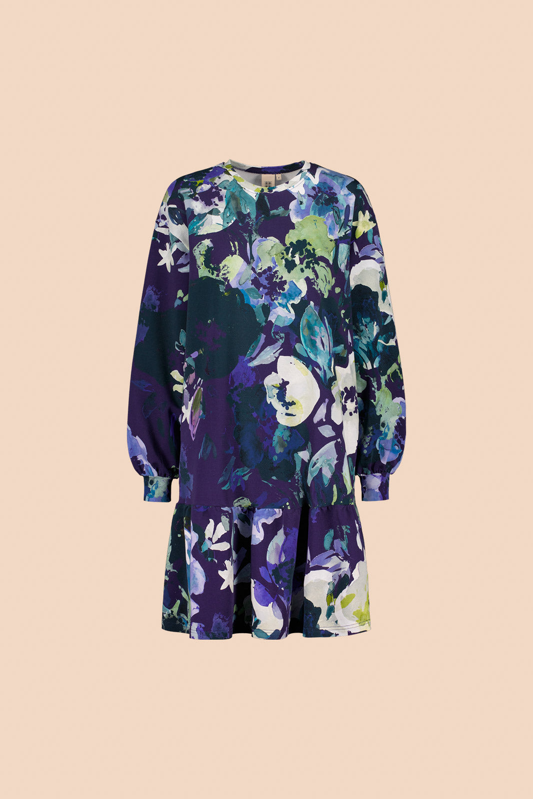 Naisten sininen puuvillamekko kukkakuviolla