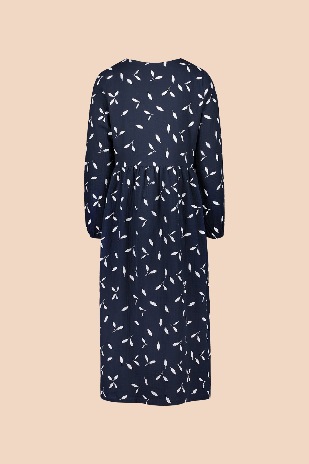 Naisten tummansininen puuvillamekko lehtikuosilla