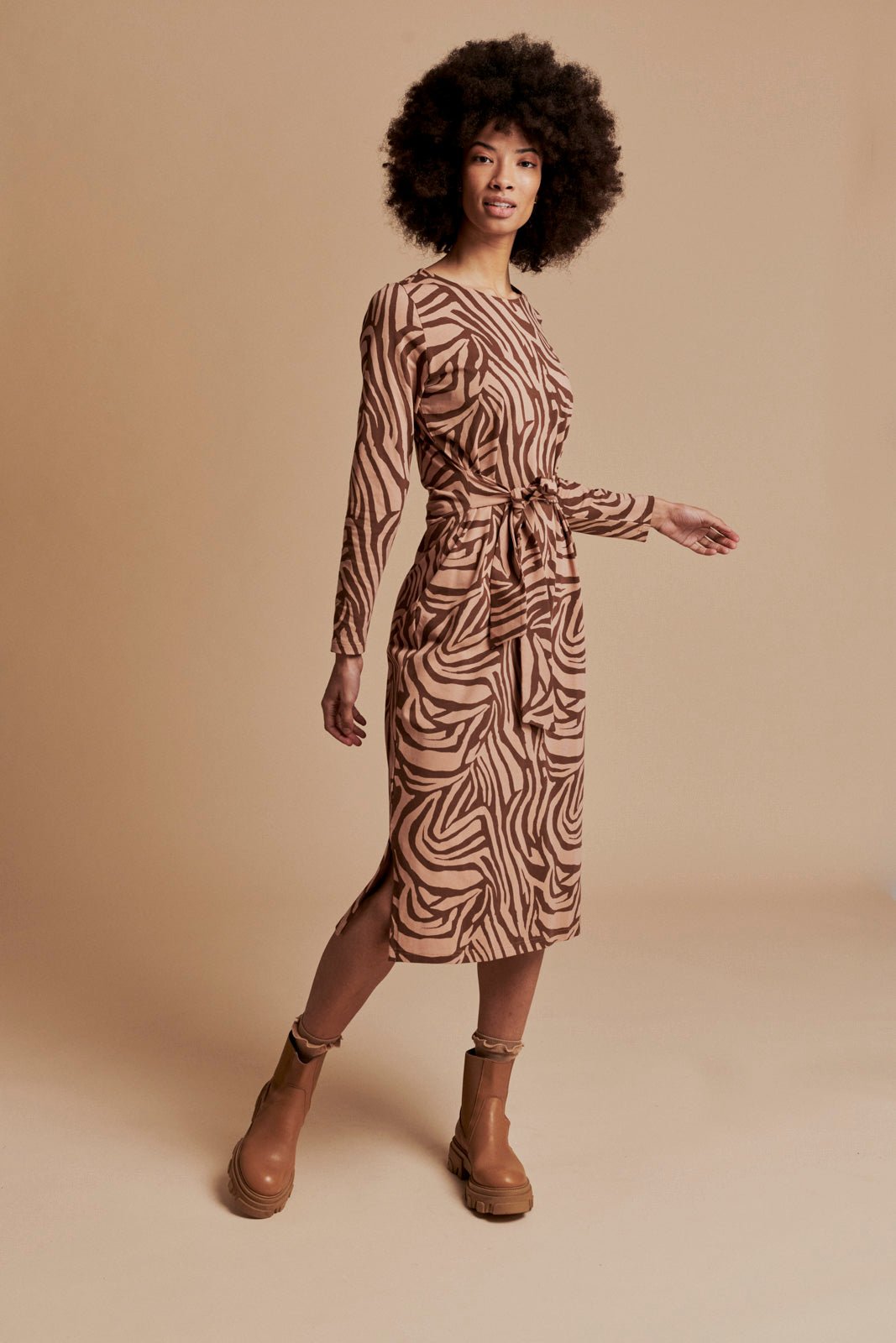 Midi Belted Dress, Zebra Oak - Kaiko Clothing Company Oy