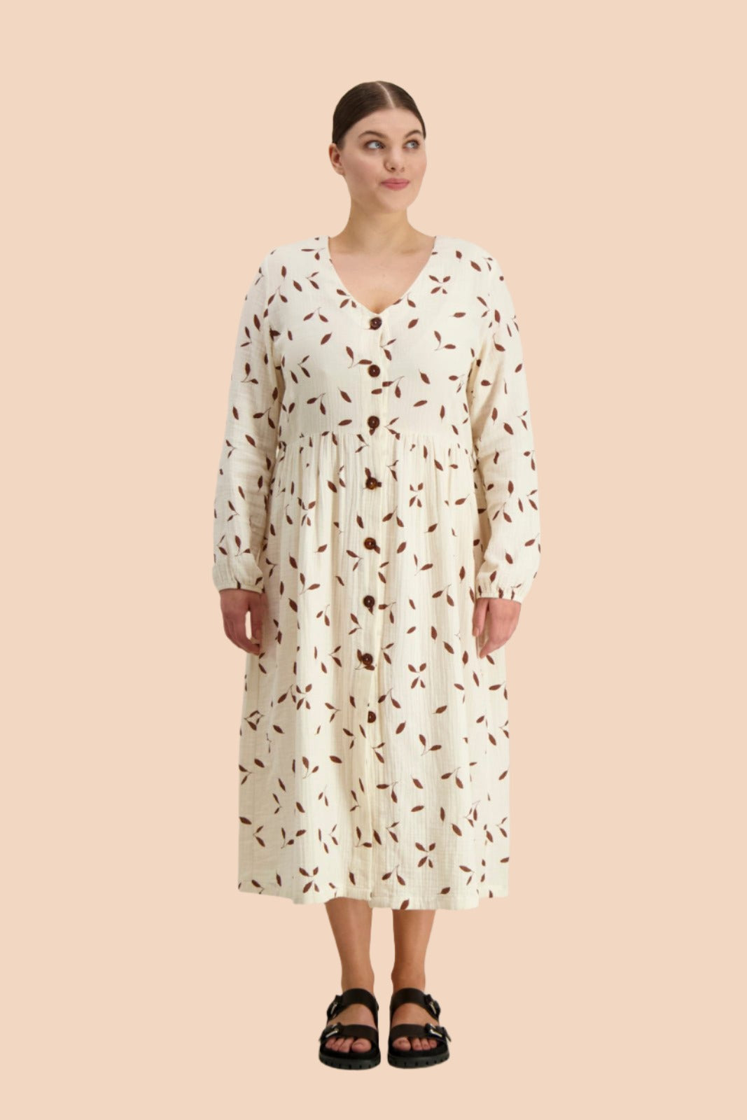 Naisten luonnonvalkoinen puuvillamekko lehtikuosilla