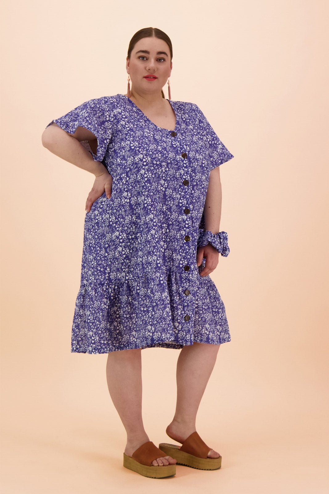 Frill Button Dress, Blue Meadow - Kaiko Clothing Company Oy