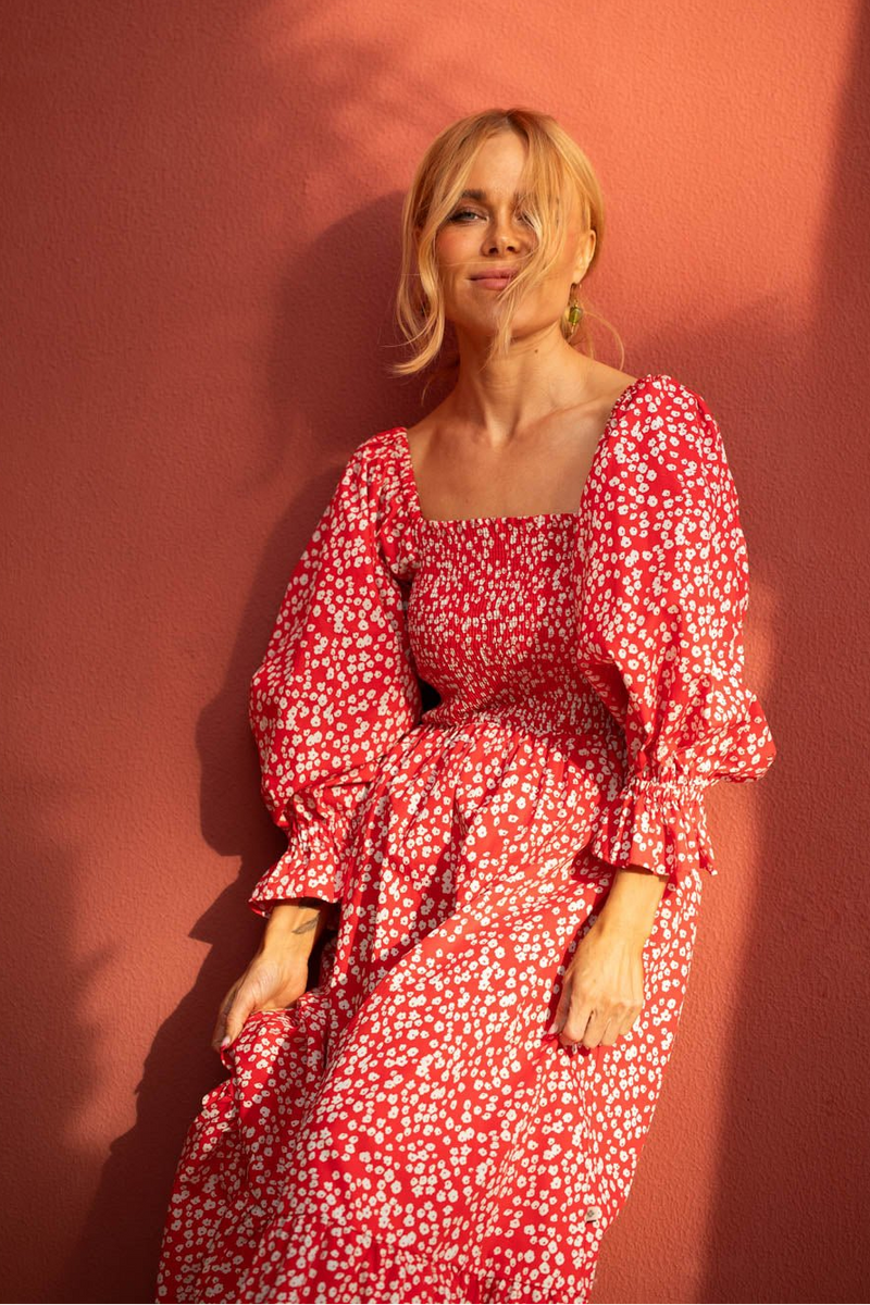 Smock Dress, Flora Red