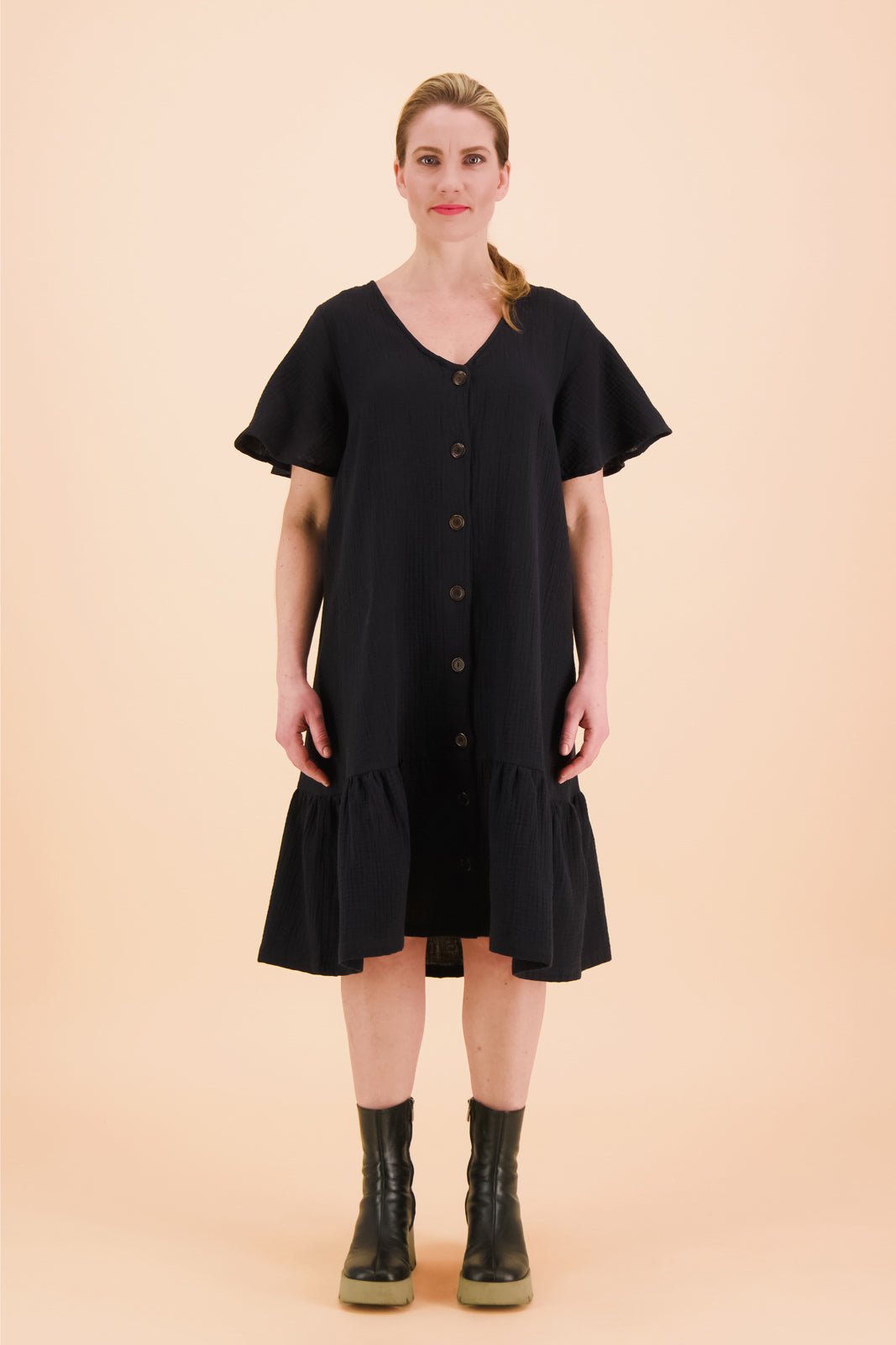 Frill Button Dress, Black - Kaiko Clothing Company Oy