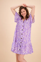 Frill Button Dress, Lavender Garden - Kaiko Clothing Company Oy